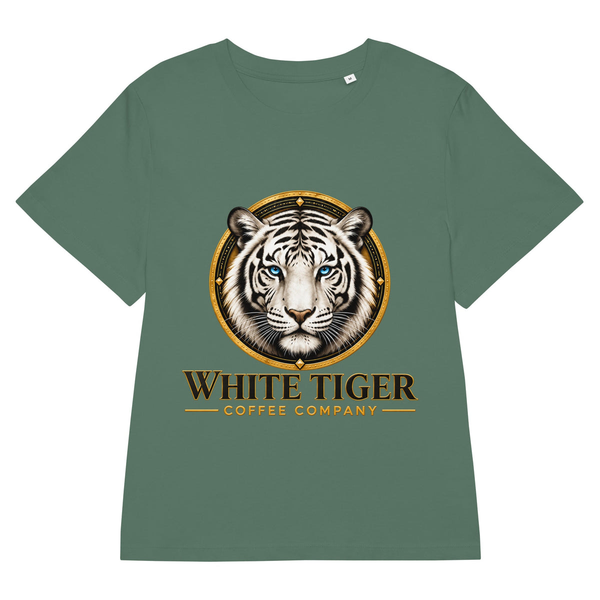 Women’s Organic Ribbed Neck T-shirt in muted sage green, with short sleeves and a bold white tiger graphic print.