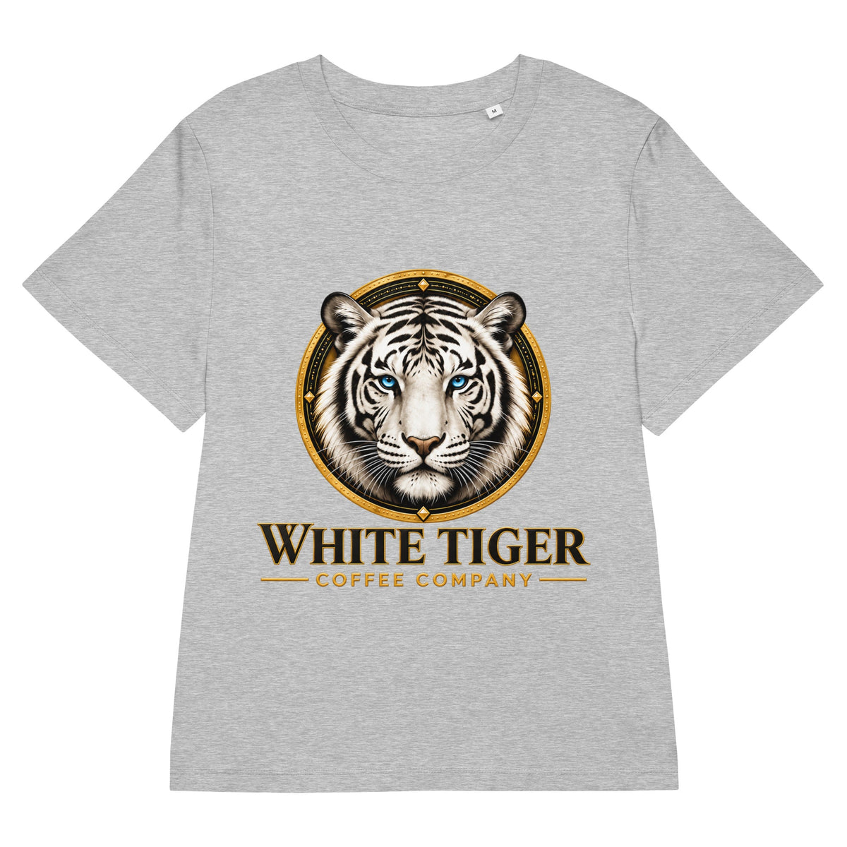 Women’s Organic Ribbed Neck T-shirt in heather gray cotton, featuring a bold white tiger and gold coffee company graphic.