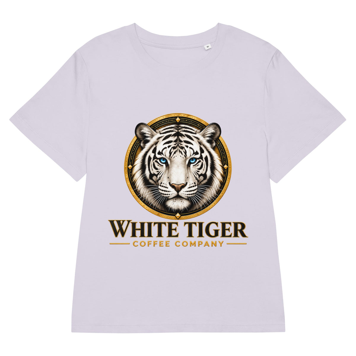 Women’s Organic Ribbed Neck T-shirt in pale lavender cotton, featuring a bold white tiger and gold-and-black coffee company graphic.