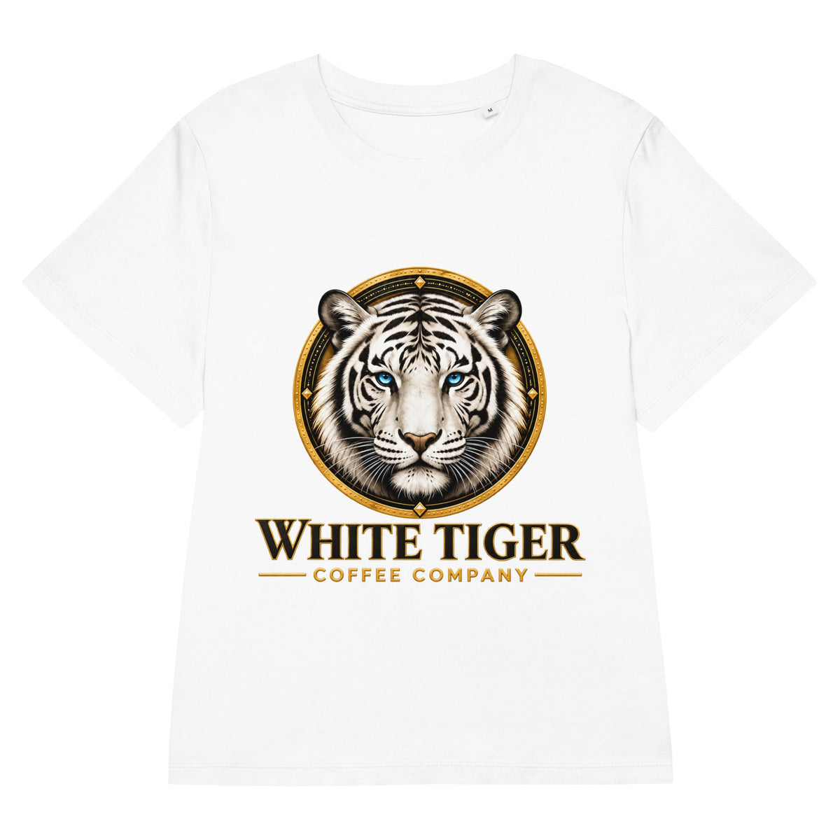 Women’s Organic Ribbed Neck T-shirt in white cotton, featuring a bold tiger emblem and “White Tiger Coffee Company” print.